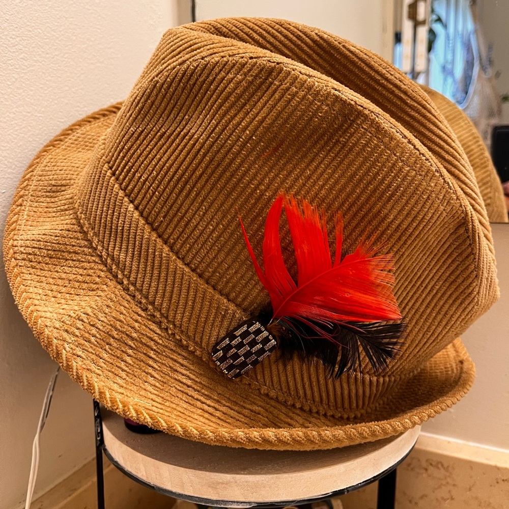 1960’s Golden Brown Corduroy Fedora with Feathers &. Embellished Glass Button